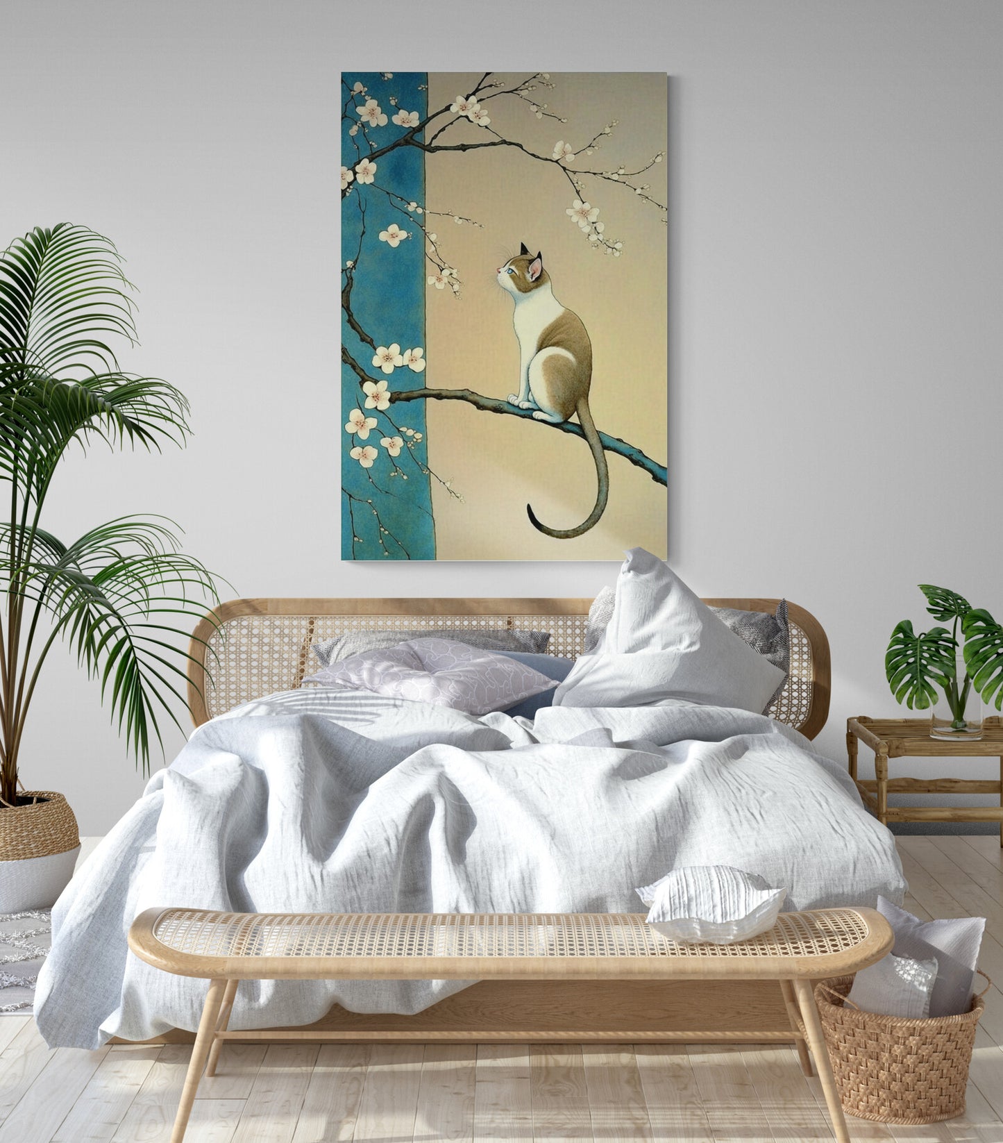 Tableau japonais, chat sur cerisier, fond bleu et beige, dans chambre