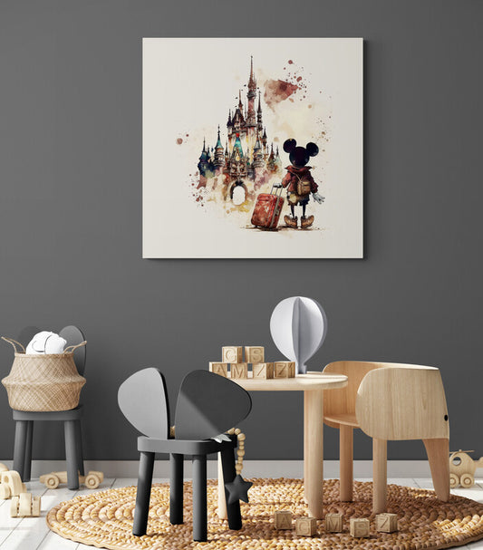 Tableau du château de Disneyland Paris, accroché dans une chambre d'enfant, avec Mickey Mouse, réalisé à l'aquarelle.