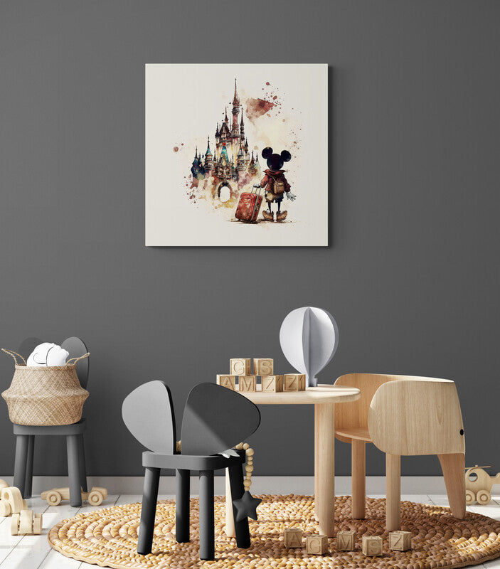 Toile tableau du château de Disneyland Paris, accroché dans une chambre d'enfant, avec Mickey Mouse, réalisé à l'aquarelle
