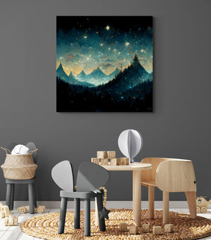 Decorative painting of a star-filled night sky hung in a child's room.