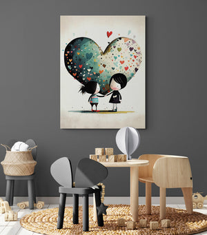 Wall art decor for girl's room of 2 sisters holding hands with hearts