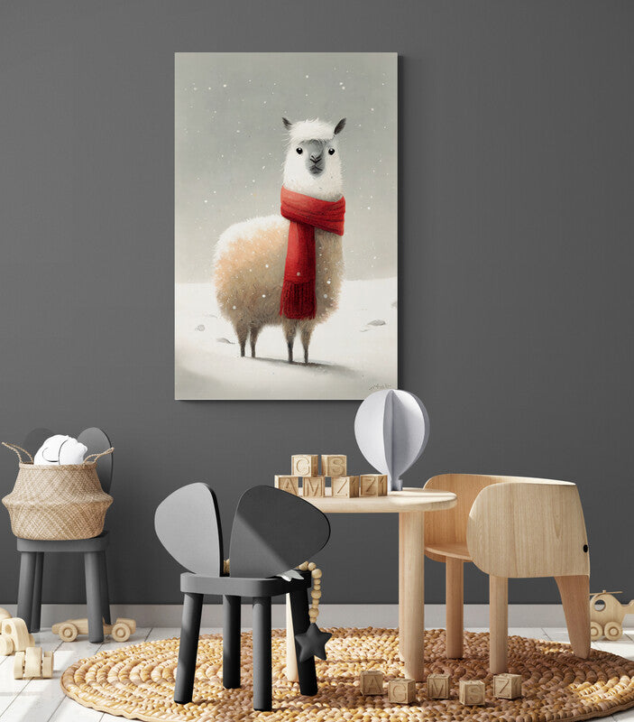 Tableau déco d'un lama blanc d'alpaga dans un paysage enneigé avec une écharpe rouge dans une chambre d'enfant