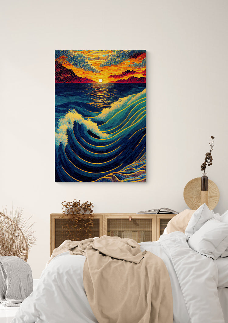 Tableau toile des vagues de la mer en mouvement devant un couché du soleil