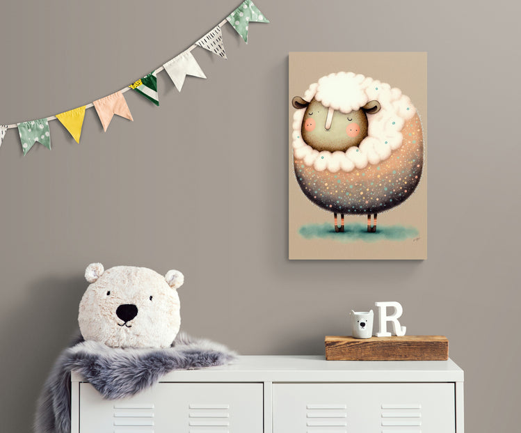 Petite Tableau de déco mouton pour chambre d'enfant accroché au mur. Un mouton dodu et rond à laine blanche et au manteau multicolor