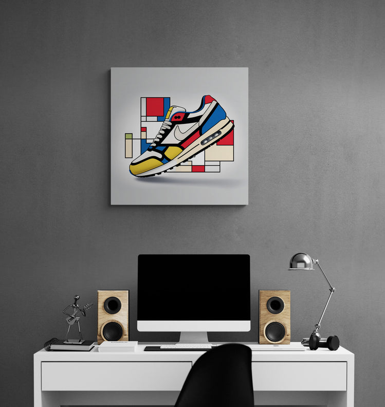 Tableau de décoration Nike inspiré de Piet Mondrian, au mur d'une une chambre, mixe art contemporain et sportswear