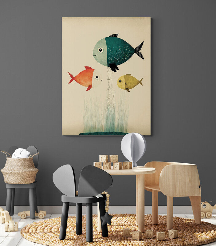 Tableau poisson enfants : décoration pour chambre représentant trois poissons colorés, heureux dans un aquarium