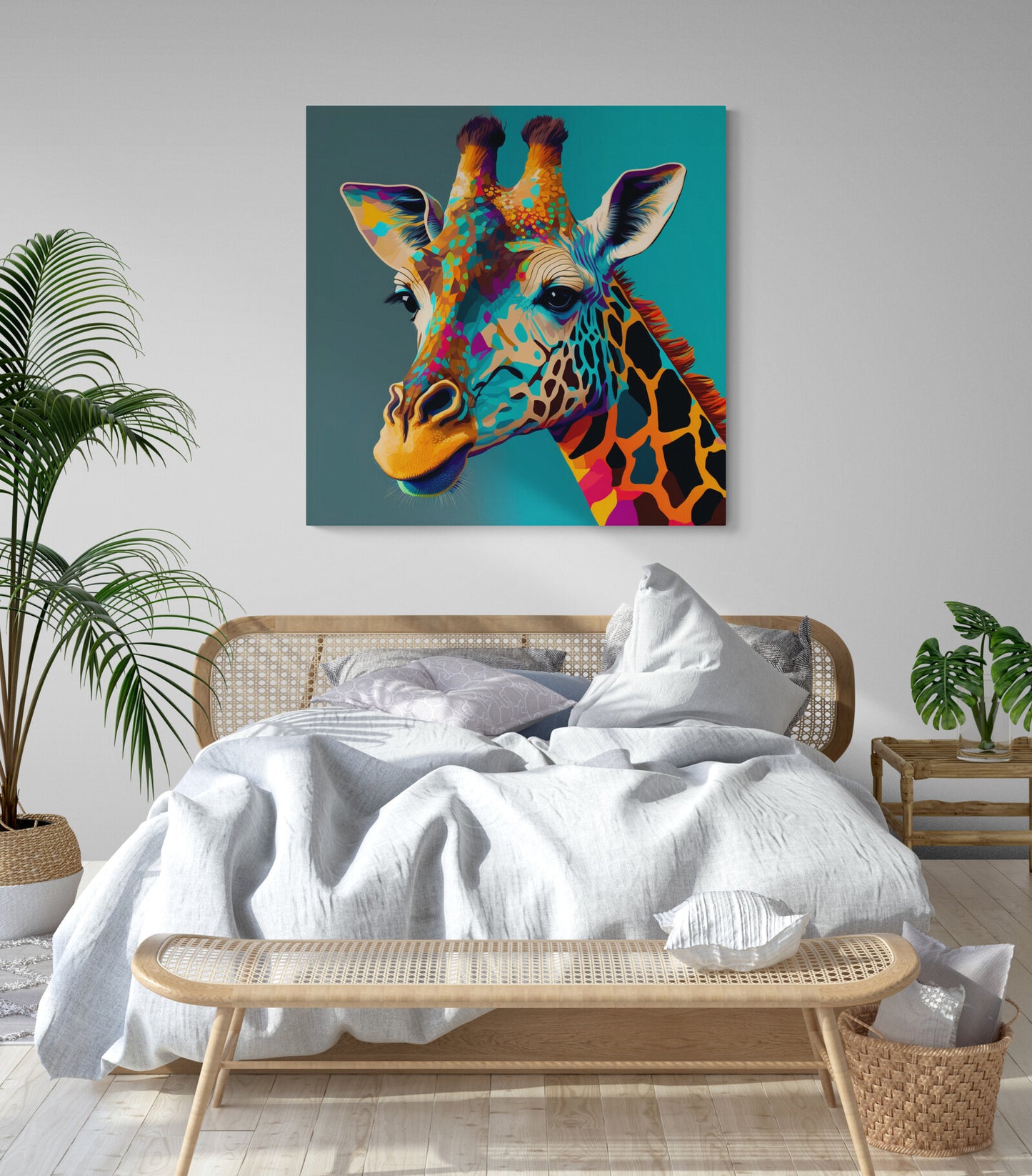 Tableau deco pop art, girafe coloré sur fond bleu