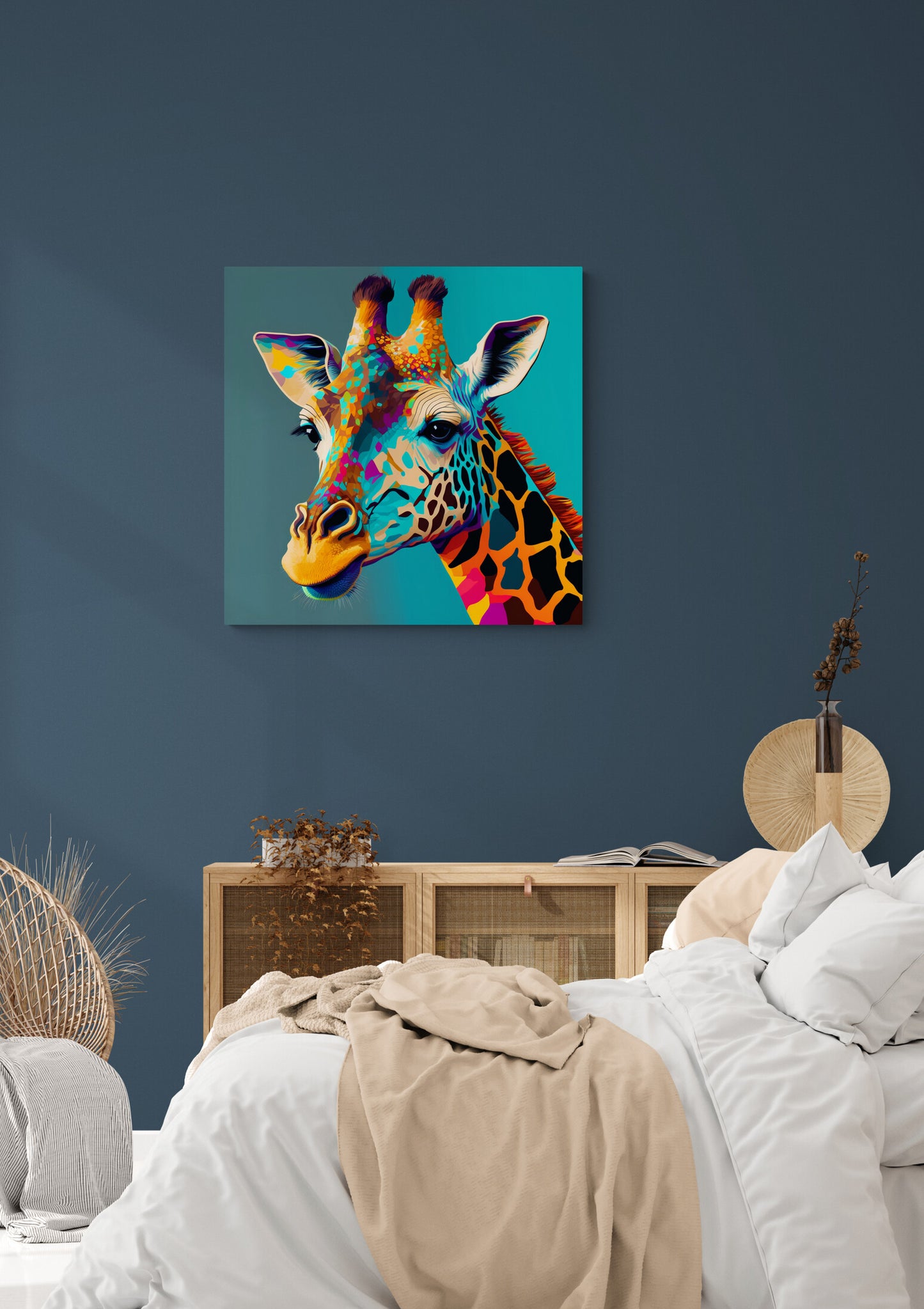 Tableau mural pop art, girafe coloré sur fond bleu