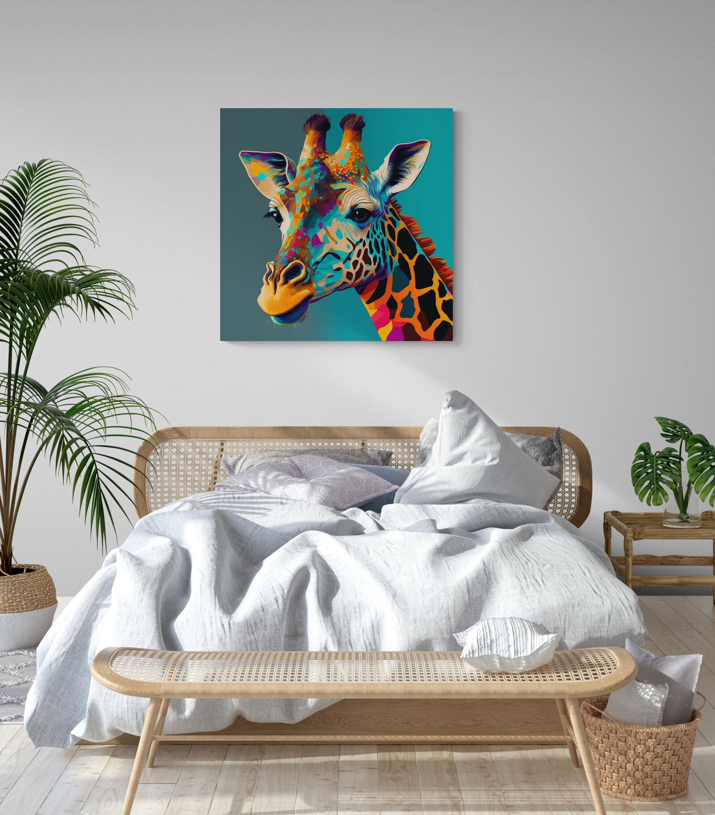 Tableau decoration pop art, girafe coloré sur fond bleu