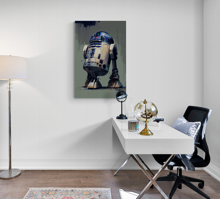 Tableau R2D2, portrait en peinture, accroché dans un bureau, hommage a la sage de Star Wars