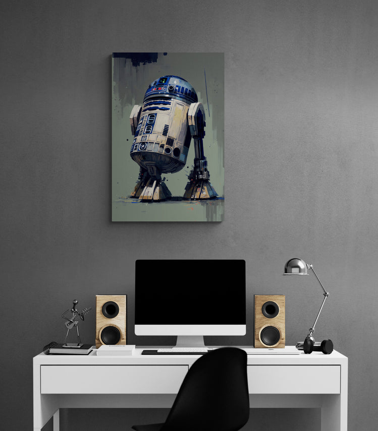 Tableau déco R2D2, portrait en toile peinte, sur le mur d'une chambre, hommage a la sage de Star Wars