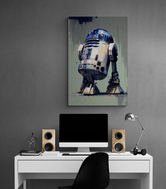 Tableau R2D2, portrait en peinture, accroché dans une chambre, hommage a la sage de Star Wars