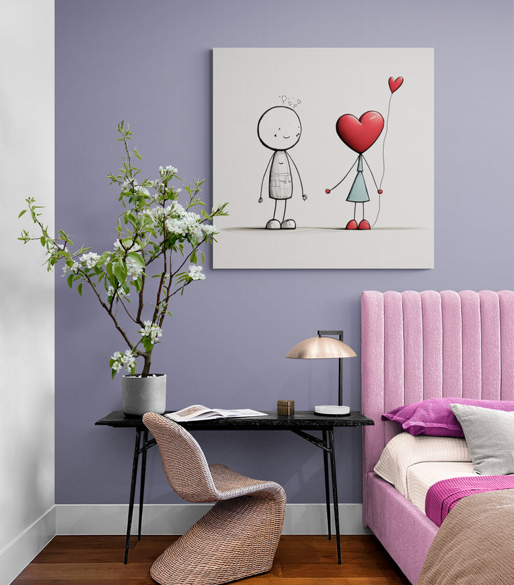 Tableau deco Saint Valentin, illustration d’un couple amoureux, la fille en forme de cœur