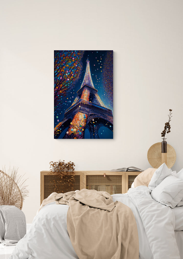 Tableau toile au pied de la Tour Eiffel en couleur et en pointillisme