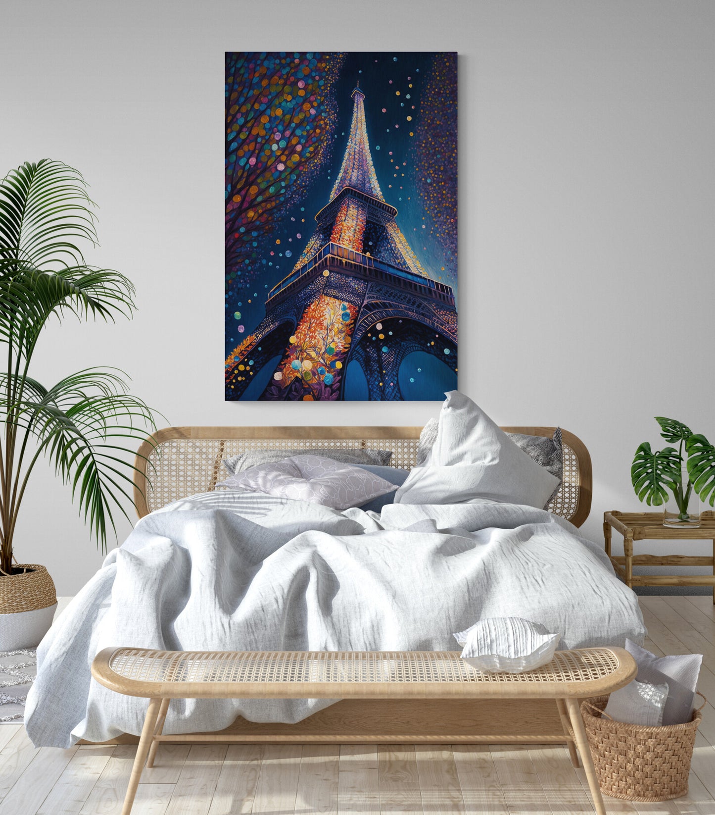Tableau deco au pied de la Tour Eiffel en couleur et en pointillisme