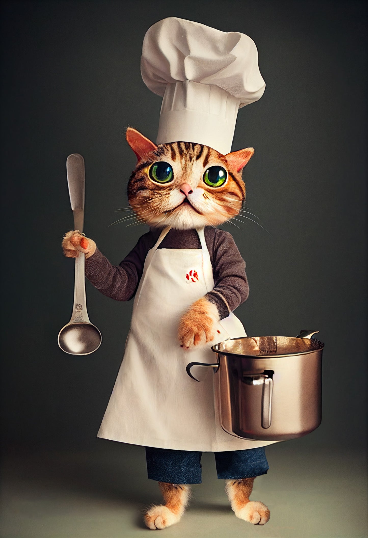 Un tableau mignon de face et de plein pieds d’un chat rayé noir et gris. Il a de grands yeux verts et il est vêtu d’un déguisement et d’une toque de cuisinier. Sur ce tableau original le chat,  il lève sa main gauche, il tient une louche en métal et sur sa main gauche une casserole.