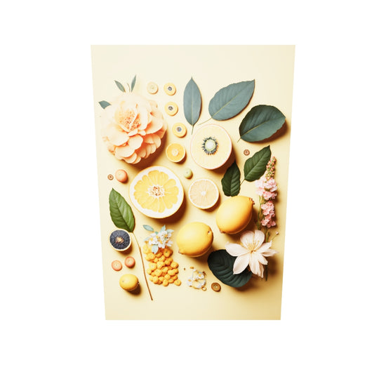 Un tableau plexiglass en 3D, il tourne sur lui-même. Une photo culinaire vue du haut Une photo culinaire vue du haut avec des citrons entiers et des tranches de citron jaune et des fleurs disposée autour. Le contraste et intense et artistique. 