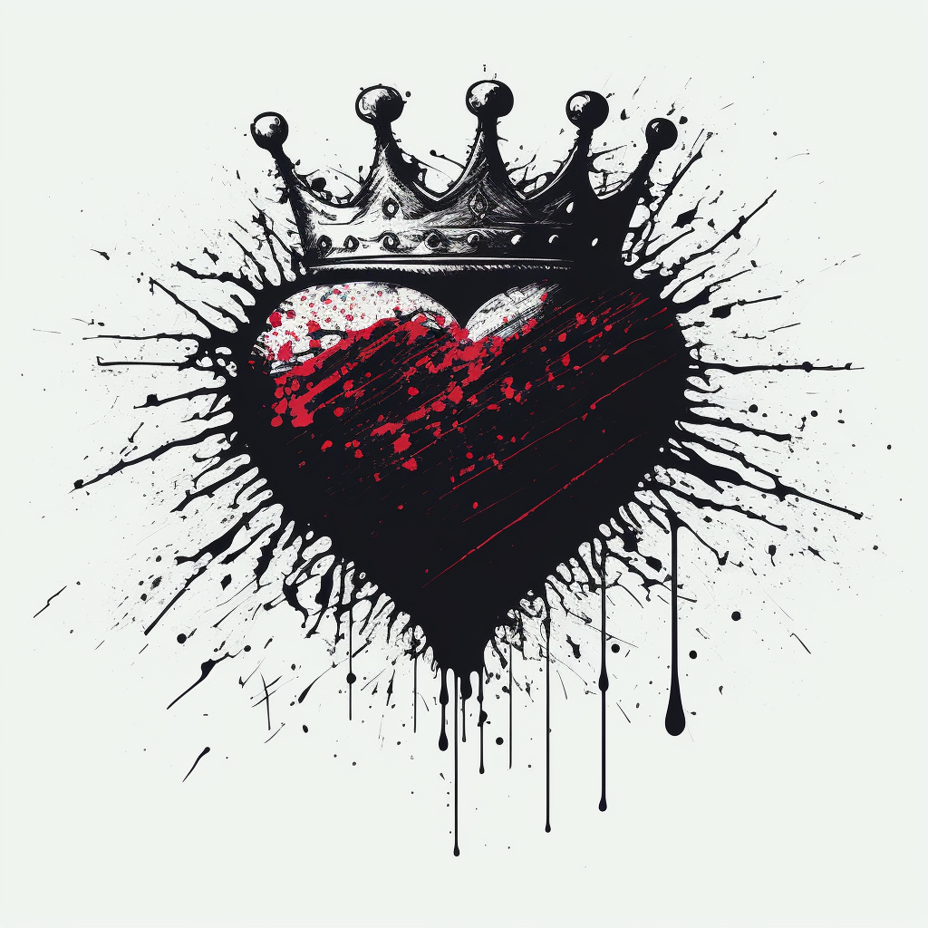 Illustration griffonnée en noir d'un cœur rouge qui porte une couronne.