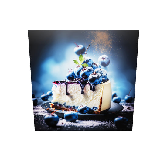 Tableau photo d'un délicieux gâteau au fromage à la vanille et aux myrtilles. Du coulis de myrtille coule sur les bords du gâteau, et des myrtilles fraîches sont posés sur le gâteau et autour. Le violet intense sous l'éclairage naturel et chaleureux soulignent sa crème et son volume