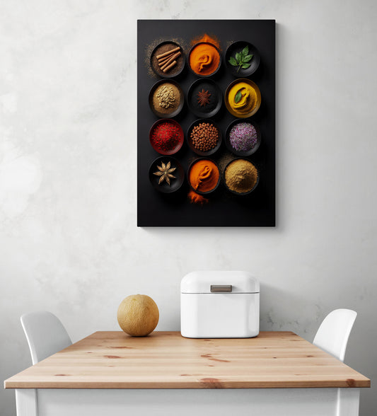 Tableau noir pour cuisine avec une photographie d'épices colorées est accroché sur un mur blanc au-dessus du coin repas. 