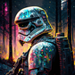 tableau Stormtrooper cyberpunk, portrait en gros plan, aquarelle au néon, éclaboussures et gouttes de peinture