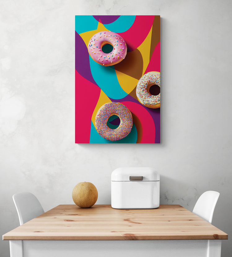 Un tableau coloré de donut avec est accroché sur le mur d'une cuisine blanche. Ce tableau cuisine est placé ce au-dessus d'une table en bois et deux chaises sont de chaque côté. Une boîte à pain en métal blanc et un melon sont sur la table