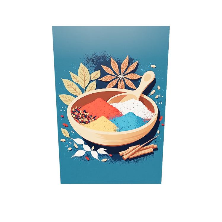 tableau plexiglass cuisine, Épices indiennes dans un bol, illustration  vectorielle en 2D, style graphique à plat, partiellement beige et bleu canard, design moderne, moins détaillé,