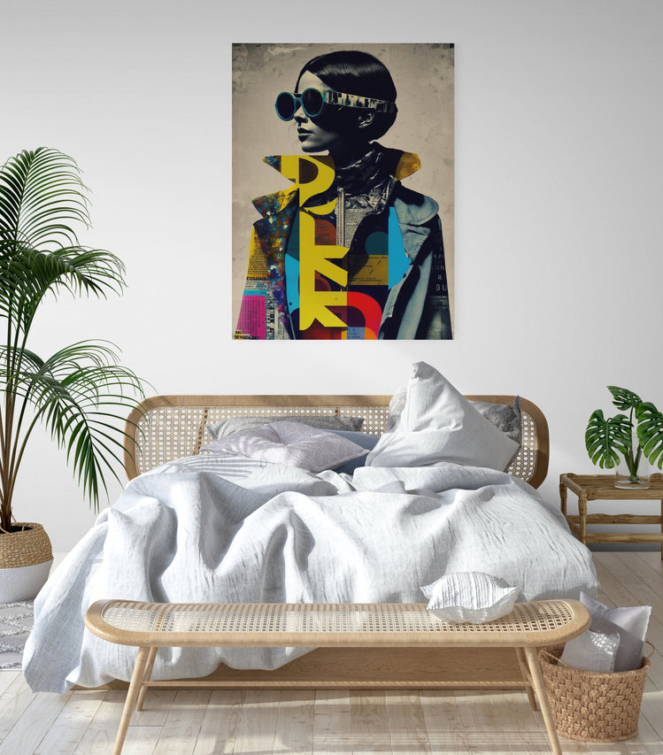 tableau moderne pour chambre à coucher, fashion, groovepunk, lunettes de soleil, collage, photographie, typographique, colorée