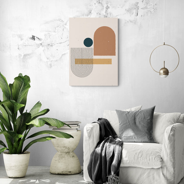 un tableau géométrique scandinave aux couleurs pastel et lignes épurées est accroché dans un salon minimaliste blanc