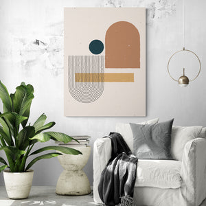 a Scandinavian geometric canvas art hangs in a sleek white minimalist living room