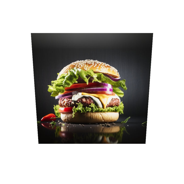 Tableau plexiglas, tableau hamburger, tableau de décoration d'une photo d'un hamburger en gros plan, à l'allure très apétissante avec steak, fromage, oignon, salade, tomate