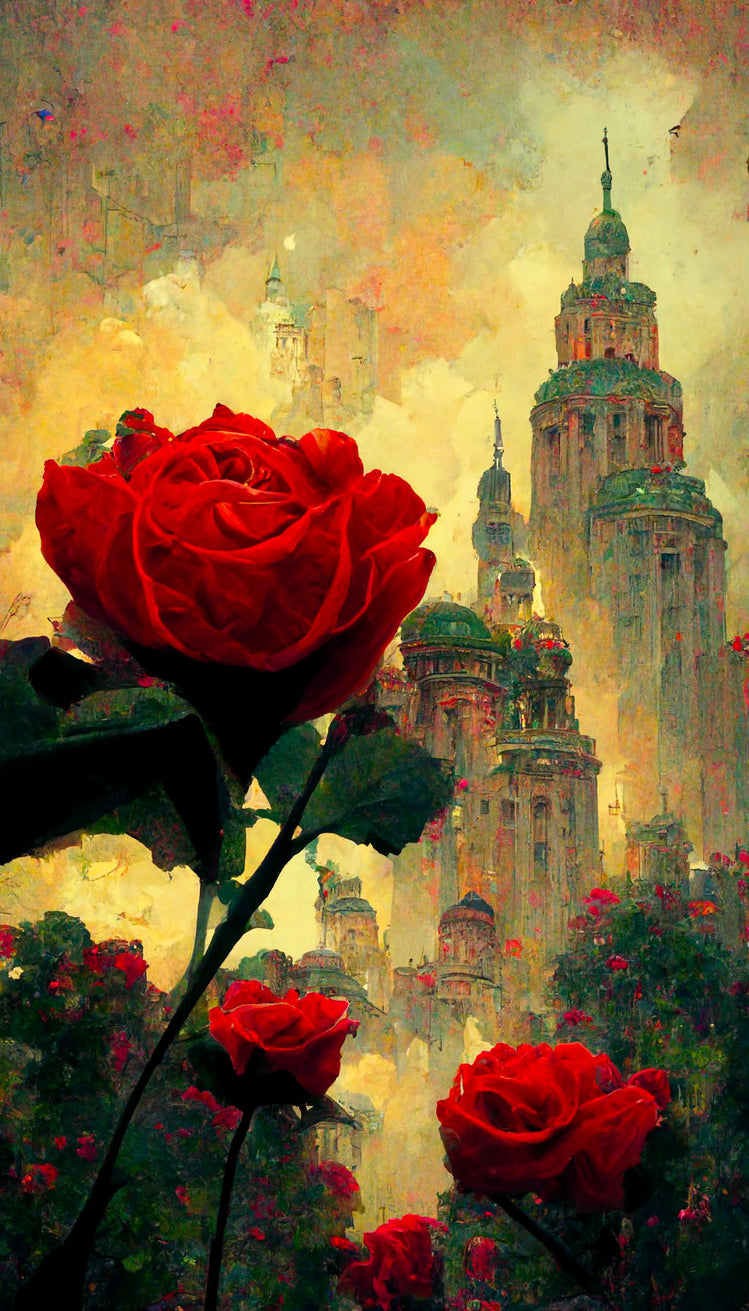 Tableau peint d'une ville féerique s'étend, entourée de roses rouges. Des gratte-ciel arrondis, avec des jardins sur les toits. Des grands rosiers qui poussent un peu partout. L'atmosphère est empreinte de magie et de douceur, comme si le ciel jaune reflétait les émotions de ses habitants. En premier plan, une rose rouge éclatante, avec sa belle tige et sa forme magnifique, semble être la reine de cet univers féerique