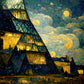 Tableau de déco, le Louvre selon Van Gogh, la vision idyllique de l'avenir, où l'art et la culture peuvent être intégrés de manière harmonieuse à la vie quotidienne des gens. Le musée du Louvre s'élève fièrement, transfiguré en un immeuble scintillant, illuminé par les lumières chaleureuses de ses habitants