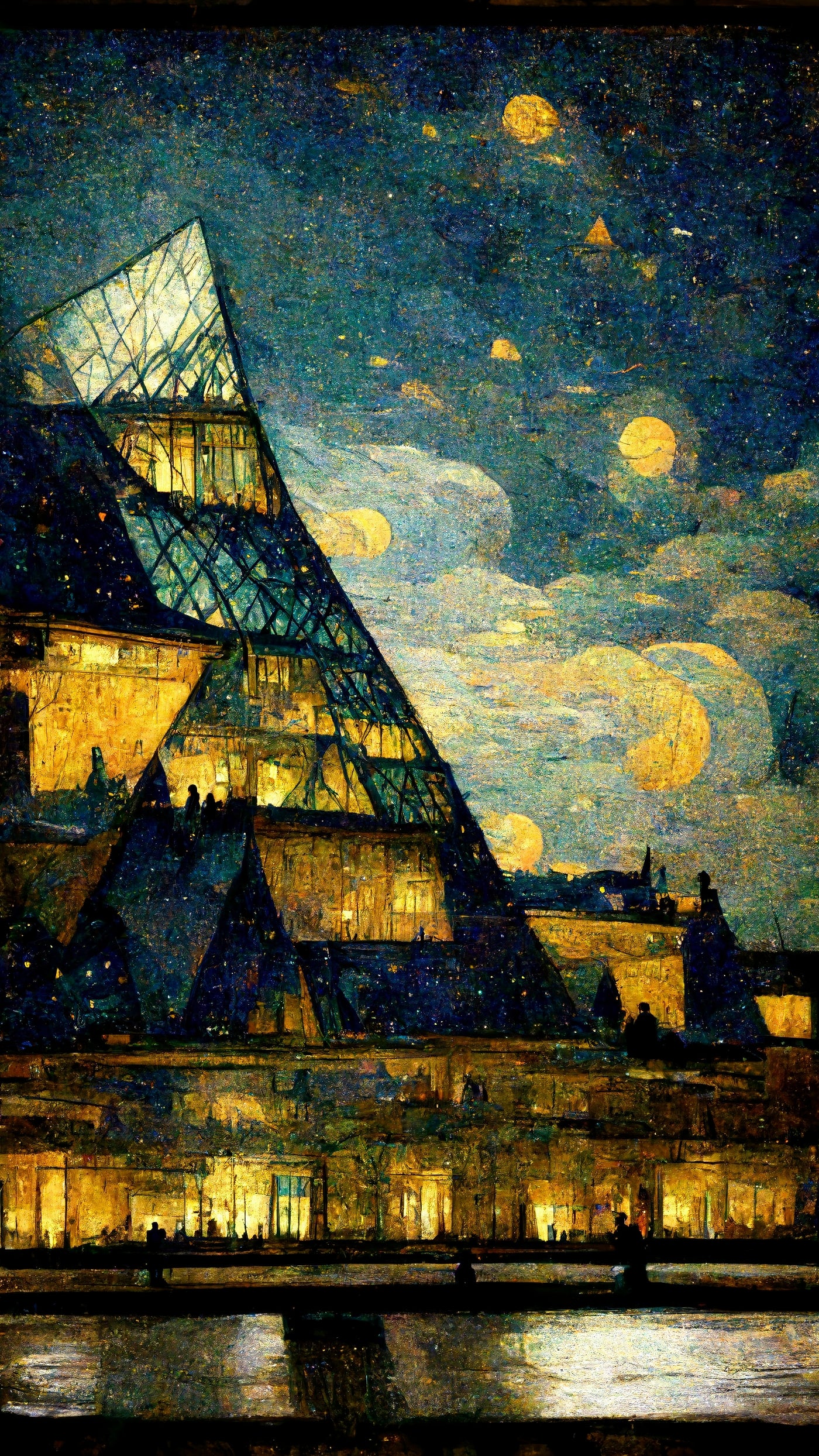 Tableau de déco, le Louvre selon Van Gogh, la vision idyllique de l'avenir, où l'art et la culture peuvent être intégrés de manière harmonieuse à la vie quotidienne des gens. Le musée du Louvre s'élève fièrement, transfiguré en un immeuble scintillant, illuminé par les lumières chaleureuses de ses habitants