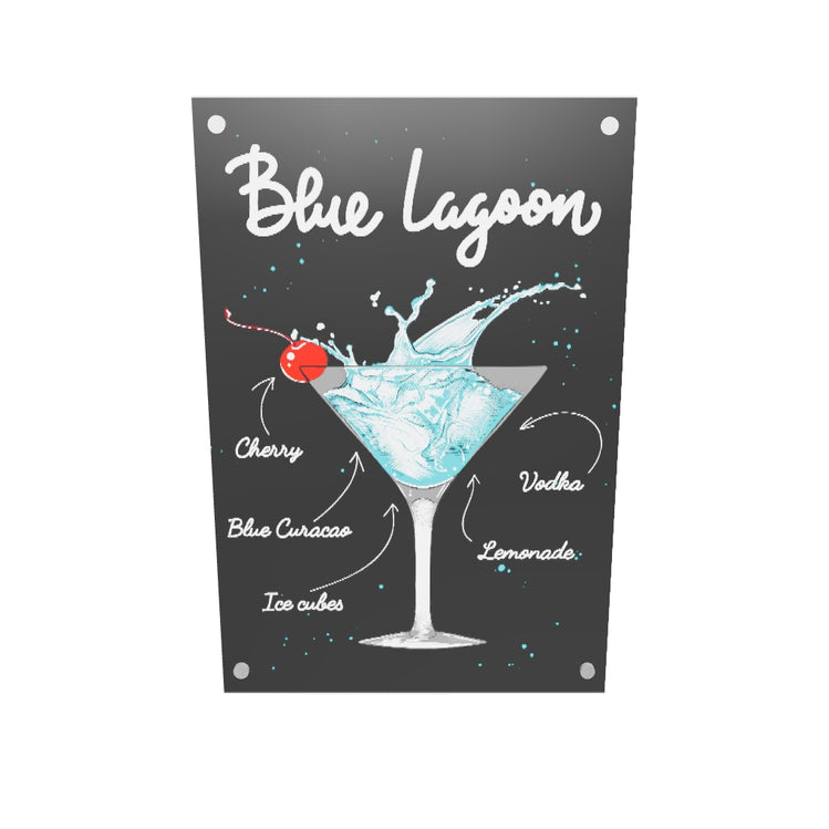 un tableau decoration cuisine avec Un dessin d’un verre de cocktail Blue lagon avec les ingrédients nécessaires à sa réalisation sur un fond noire