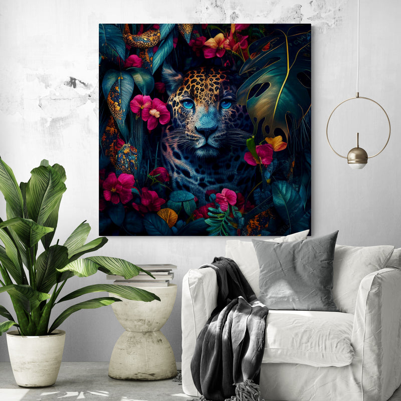 tableau léopard caché dans la jungle est accroché dans un salon design
