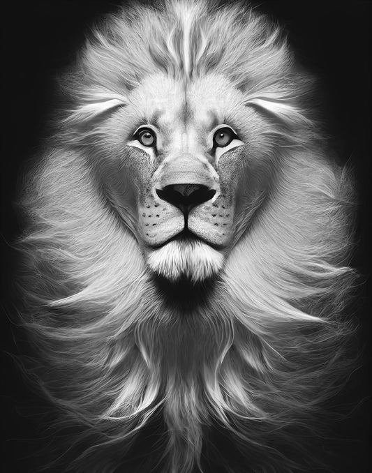 toile lion, portrait roi des animaux hyperréaliste noir et blanc