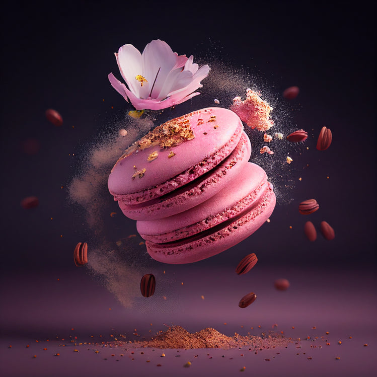Tableau de deux macarons roses flottant dans une explosion de saveurs, avec du sucre en poudre et du pollen doré autour. Une fleur de sakura ajoute une touche fleurie à cette gourmandise artisanale. Le focus est sur les formes douces des macarons et l'énergie de l'explosion en arrière-plan.