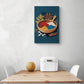idee deco tableau bleu canard pour cuisine avec une illustration d'un bol rempli d'épices est accroché au-dessus d'une table en bois blanc