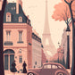 Un tableau vintage rose et gris avec une illustration en 2D d'une ruelle parisienne et des bâtiments. On aperçoit au fond de la rue la tour Eiffel. Deux silhouettes féminines traversent la rue devant une voiture.