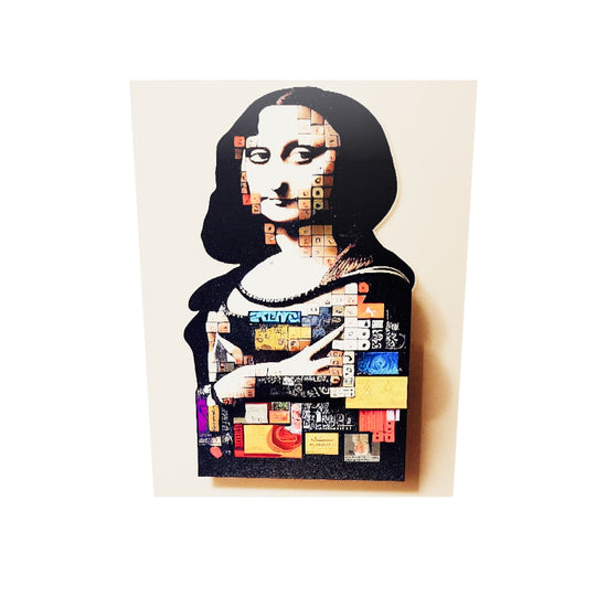 tableau plexiglass salon avec une représentation de Mona Lisa faite d'autocollants et de graffitis dans le style pop art