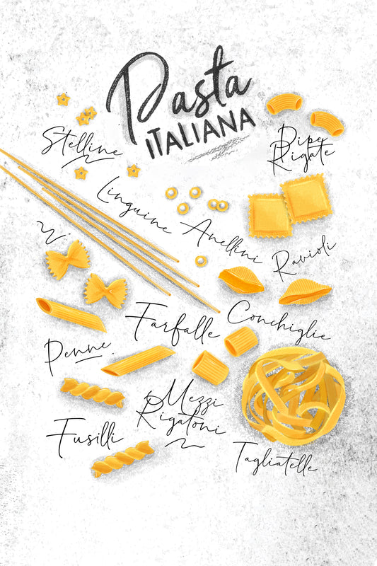 tableau blanc de cuisine avec des illustrations de pâtes italienne.