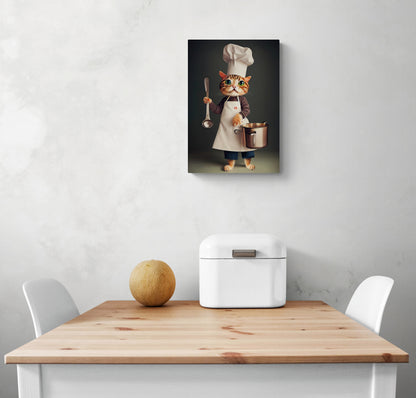 Un tableau photo d'un chat dans un cadre en bois est accroché sur un mur blanc. Il tient des ustensiles pour préparer un repas. Une louche et une marmite sont tenues dans sa main. Le tableau de décoration est accroché sur le mur d'une cuisine. Une table à manger en bois et deux chaises blanches se trouvent en dessous. Une corbeille à pain en métal blanc et un melon sont sur la table.