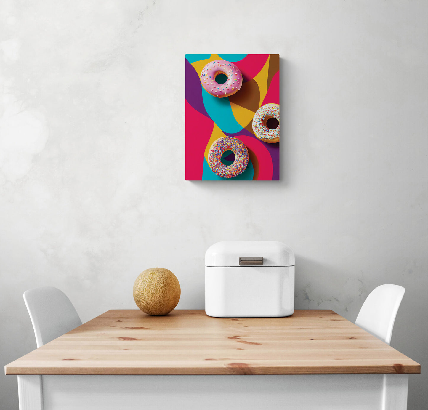 Un Tableau coloré dans une cuisine blanche. Ce tableau cuisine est placé au-dessus d'une table en bois et deux chaises sont de chaque côté. Une boîte à pain en métal blanc et un melon sont sur la table