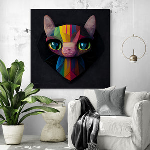Large colorful cat portrait on black background in a living room