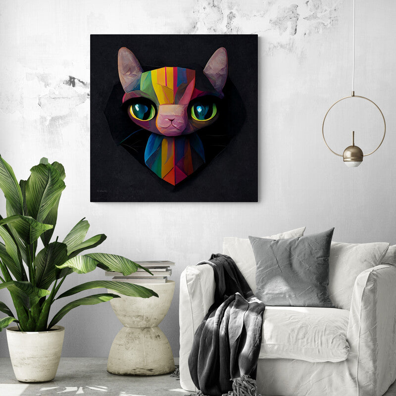 Tableau chat couleur, un portrait sur fond noir dans un salon