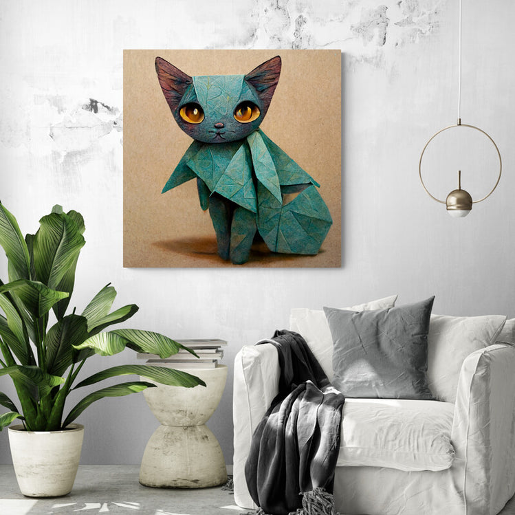 Tableau de déco d'un chat origami bleu turquoise dans un salon