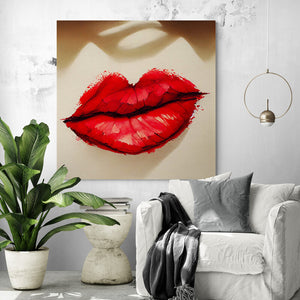 Large red lip painting in a living room. A voluptuous female mouth wearing red lipstick. The shadow over the full lips adds a dramatic and mysterious dimension to the image, creating visual tension with the rest of the artwork. These elements together form a powerful and suggestive aesthetic, attracting the gaze and inviting interpretation.