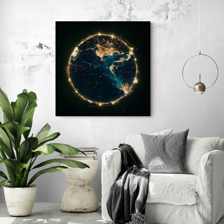 Tableau de déco de la planete terre qui présente l'activité humaine vu de l'espace dans un salon