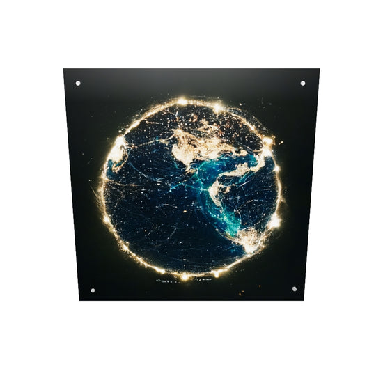 Tableau plexiglas de la planete terre qui présente l'activité humaine vu de l'espace